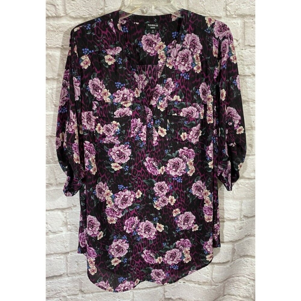 Torrid Harper Tunic Top 0 0X (Runs Big) Floral Boho Chiffon Roll Tab Sleeve 9895